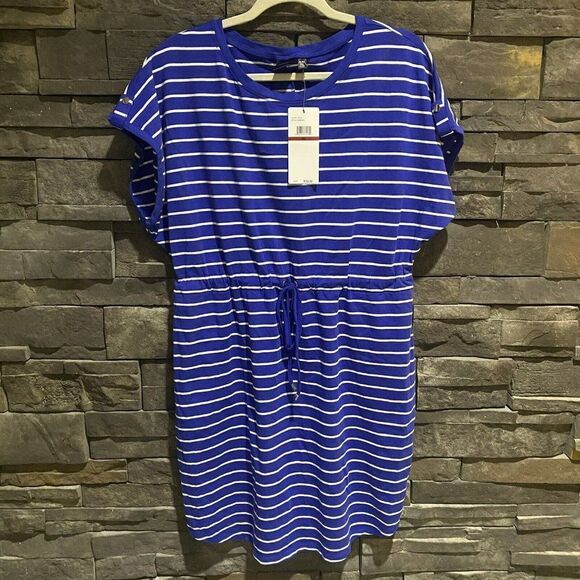 Rafaella Womens Short Sleeve Drawstring Waist Dress XL Blue Pockets Comfort New - Picture 1 of 6